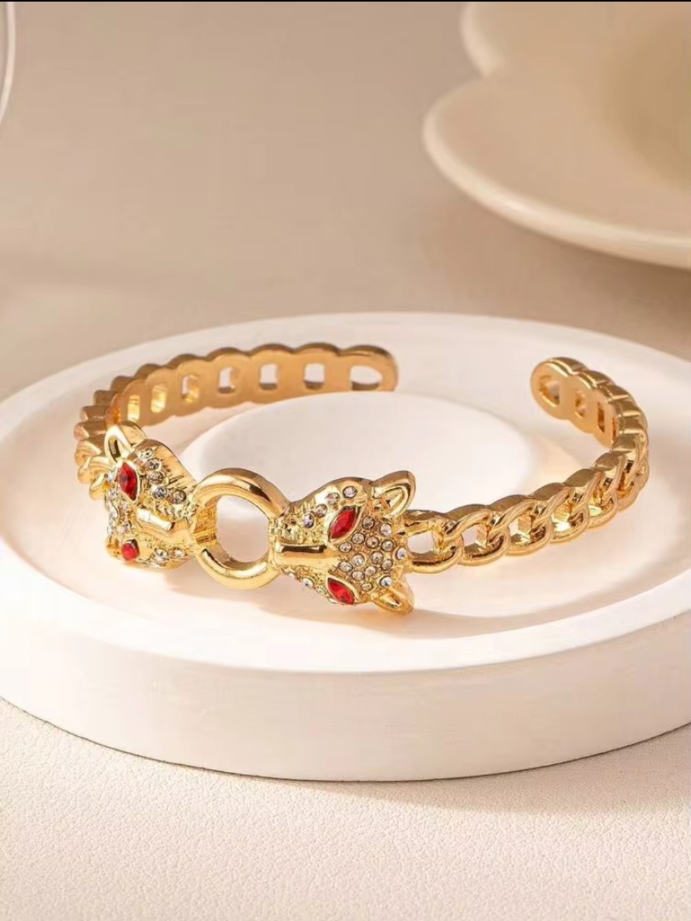 Gold Leopard Head Cuff Bracelet with Red Crystal Eyes